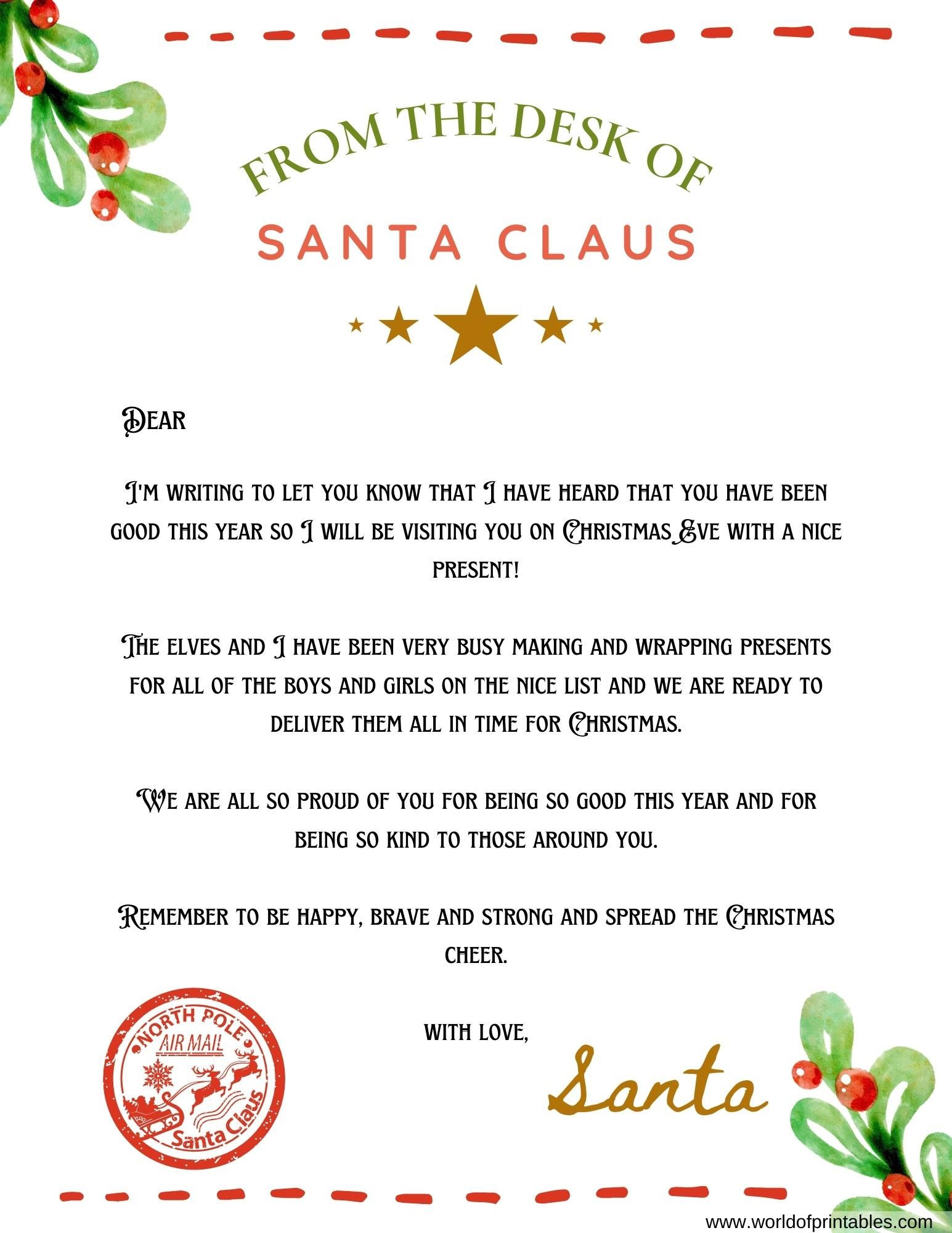 10 Best Free Letter From Santa Templates - World Of Printables inside Free Printable Letter From Santa Template Word