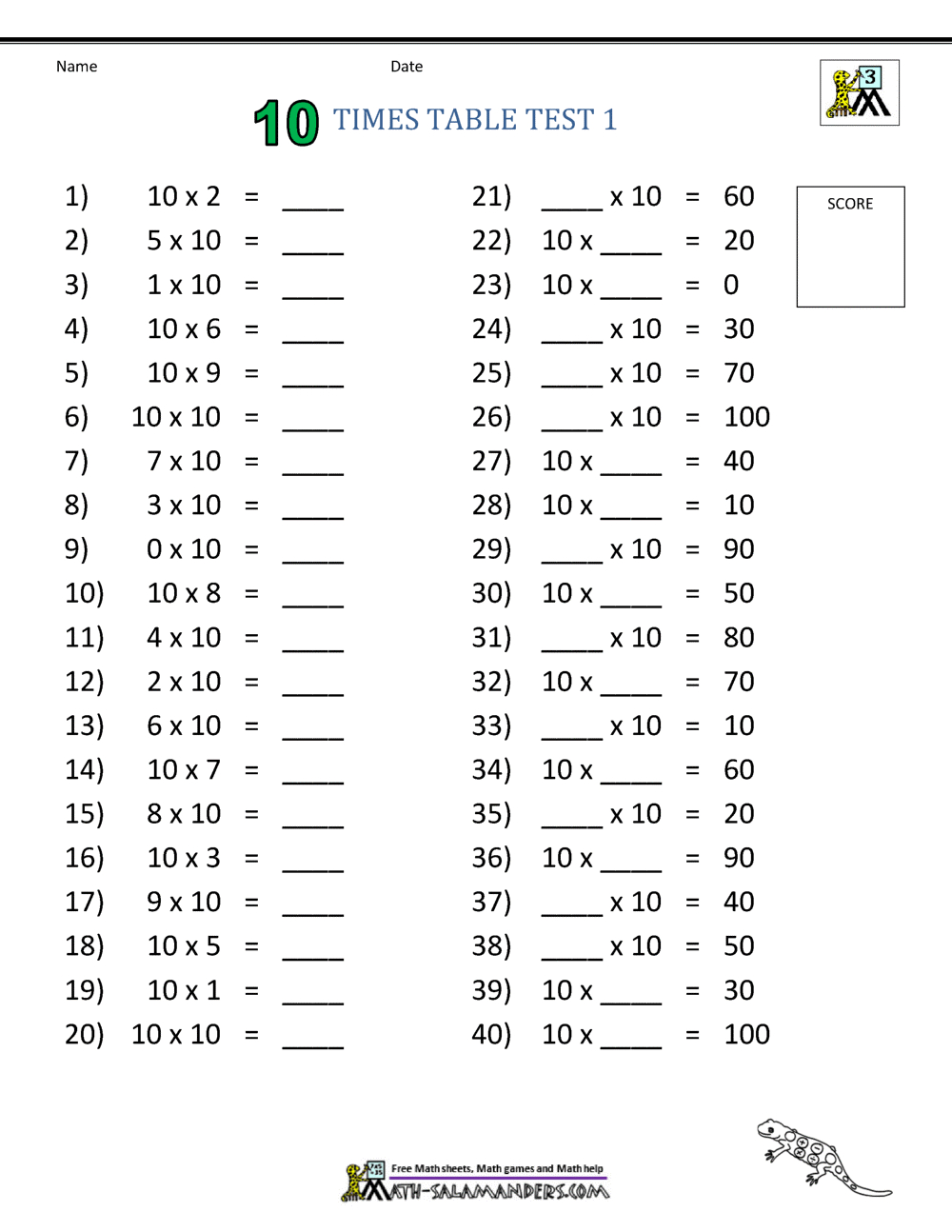 10 Times Table Worksheet Page in Times Table Speed Test Printable