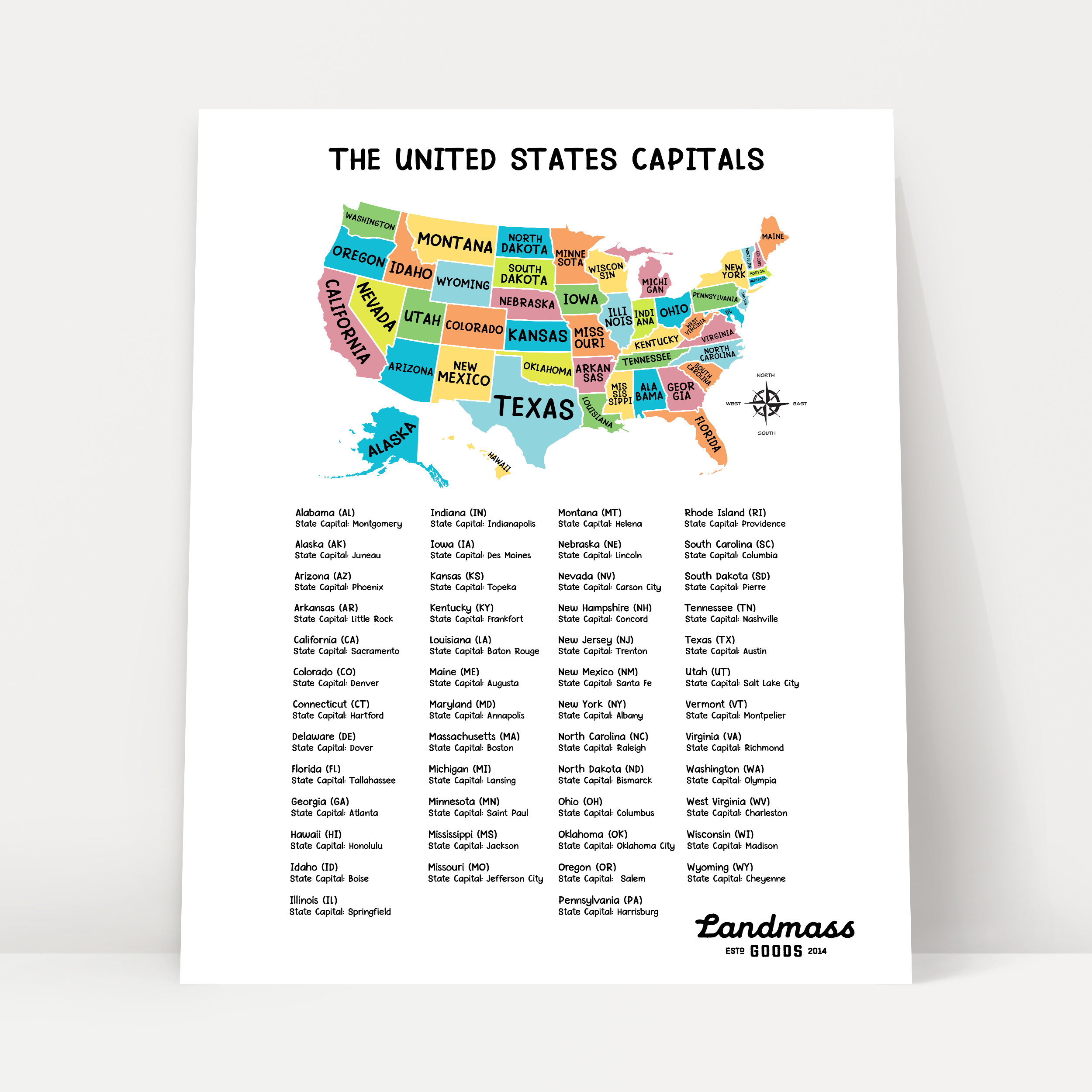 18X24” United States Map With Capitals For Kids - Educational regarding Printable Map With States And Capitals