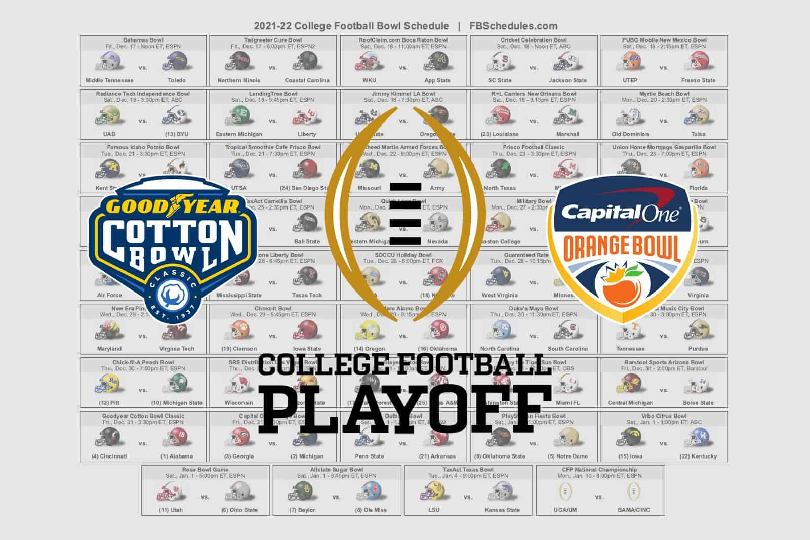 2021-22 College Football Bowl Helmet Schedule in Printable College Football Bowl Schedule