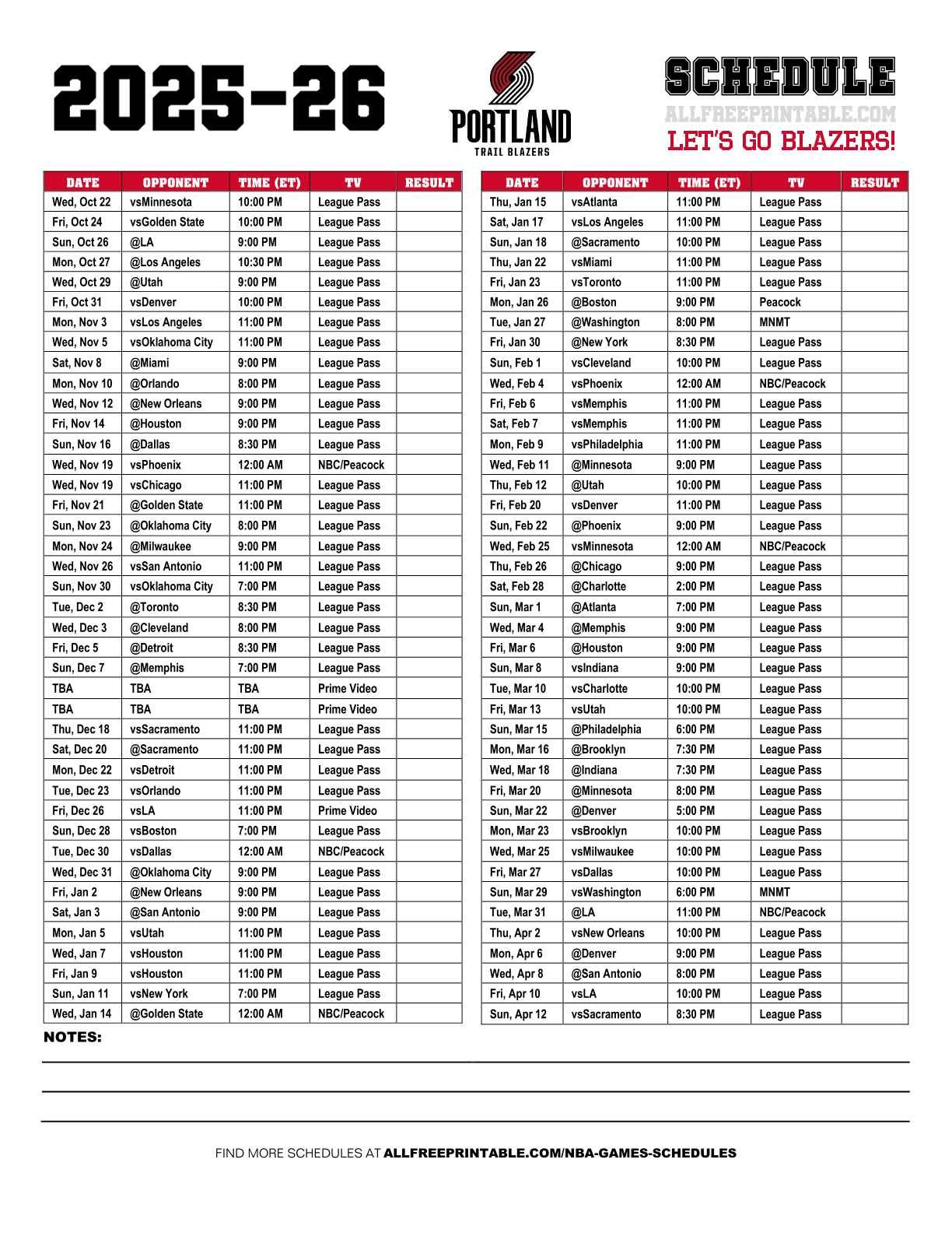 2025-26 Portland Trail Blazers Schedule – Free Printable pertaining to Printable Portland Trail Blazers Schedule