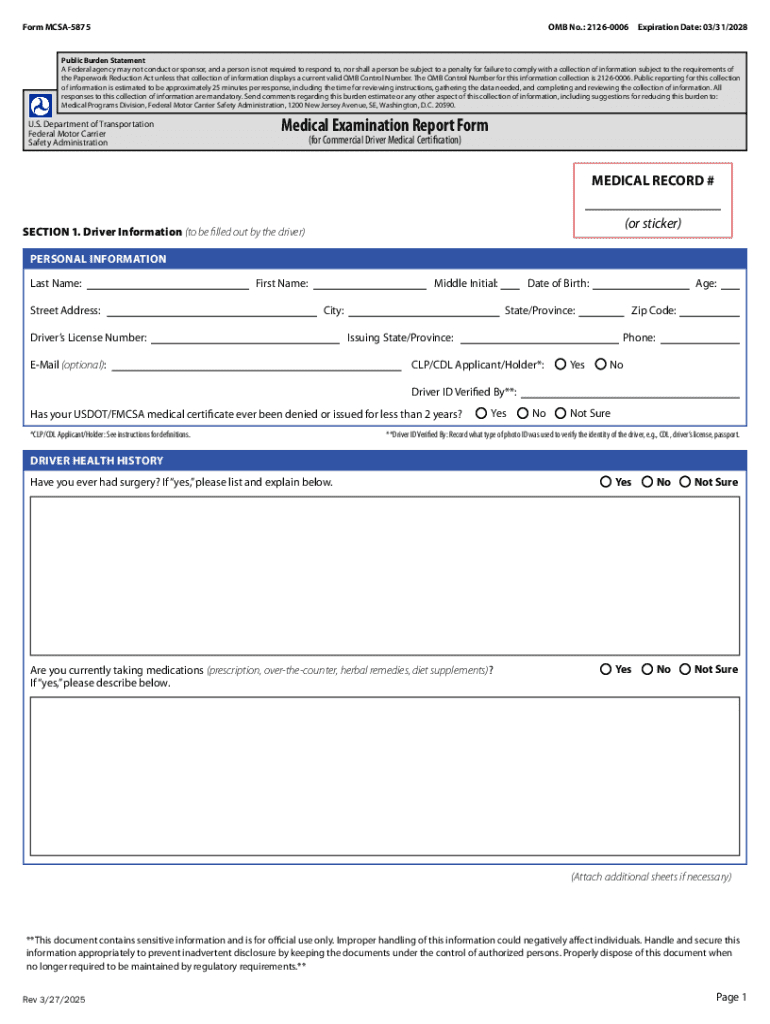 2025 Form Dot Mcsa-5875 Fill Online, Printable, Fillable, Blank throughout Free Printable Dot Physical Forms