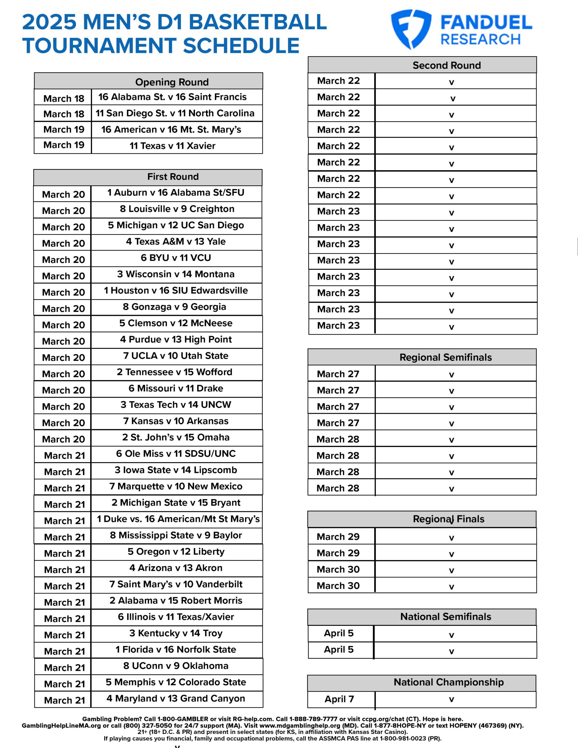 2025 Men'S College Basketball Tournament Free Printable Schedule in Gonzaga Men'S Basketball Printable Schedule