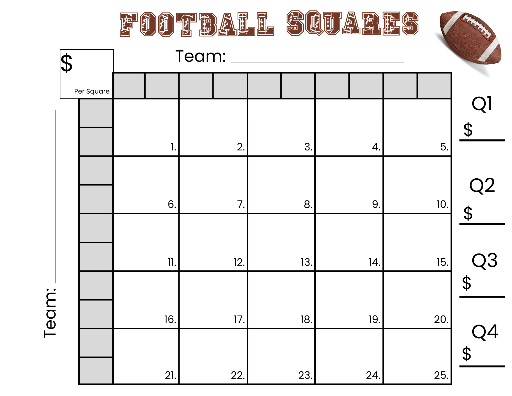 25 Football Squares Game Printable 5×5 Football Squares (Instant with regard to Free Printable Football Squares