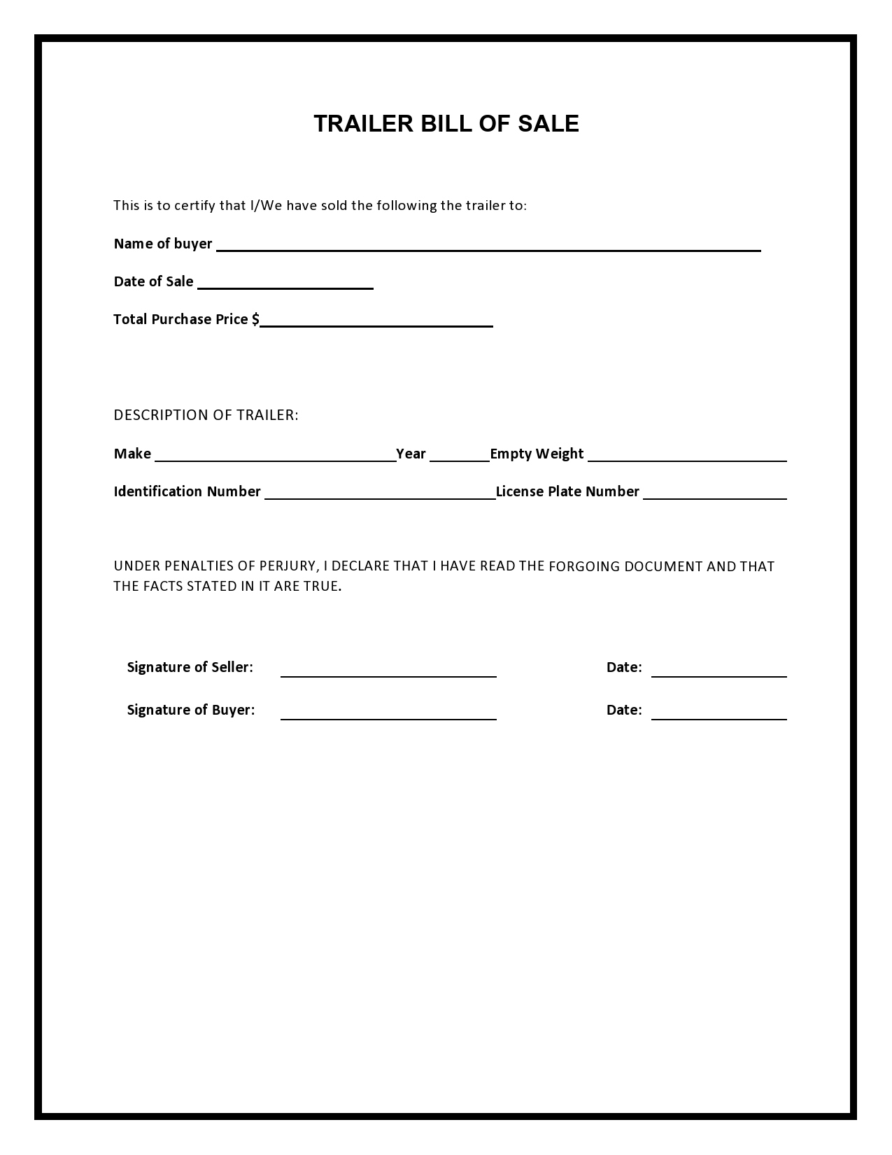 38 Printable Trailer Bill Of Sale Templates [Word] - Templatelab with regard to Printable Bill of Sale For Trailer