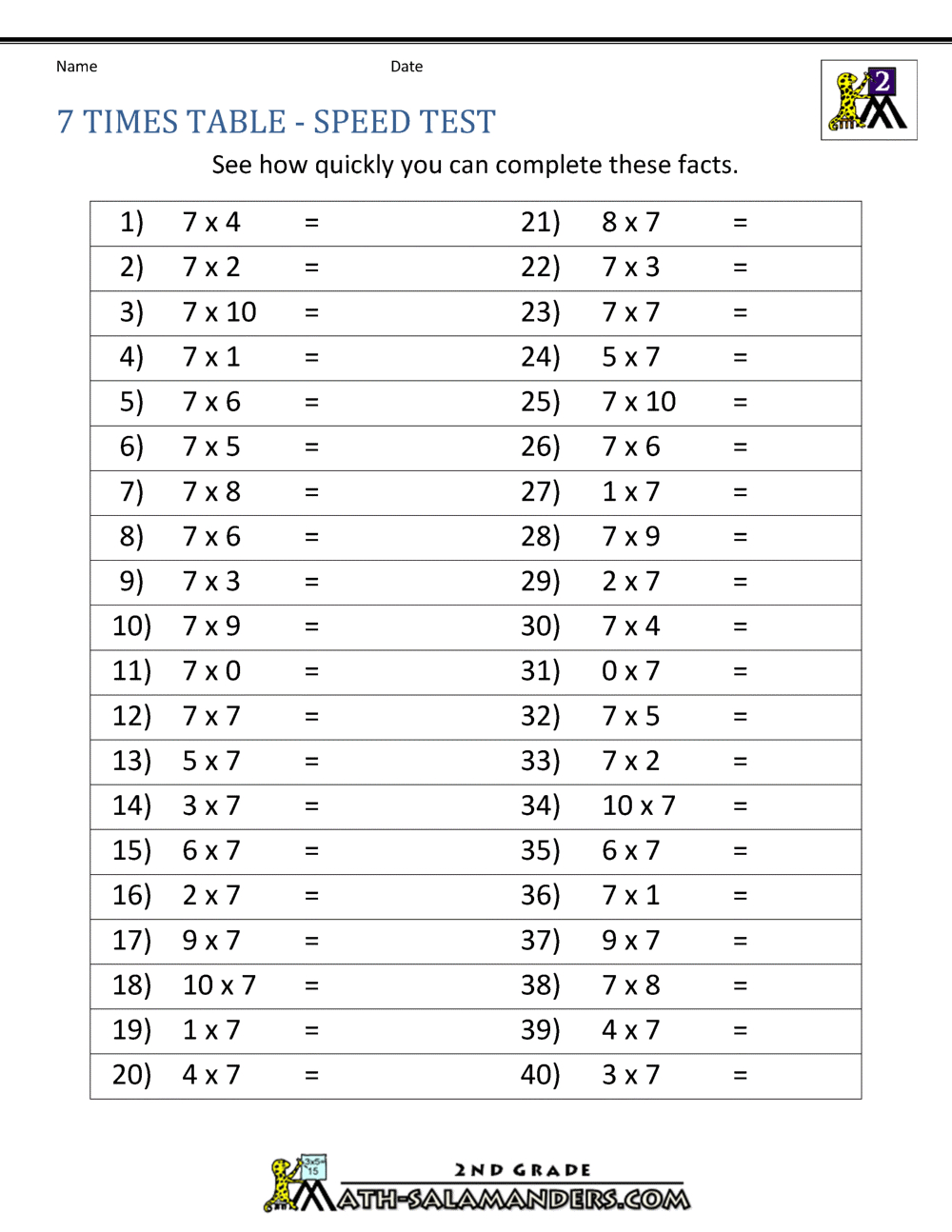 7 Times Table throughout Times Table Speed Test Printable