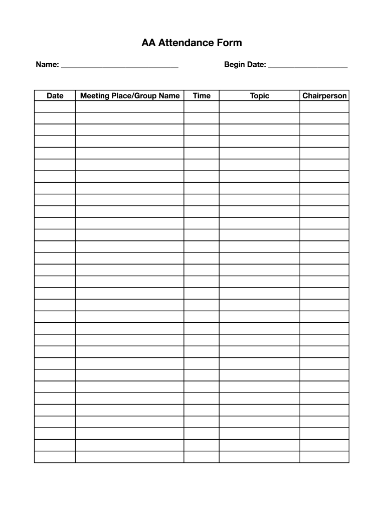 Aa Attendance Form - Fill Online, Printable, Fillable, Blank inside Aa Sign In Sheet Printable