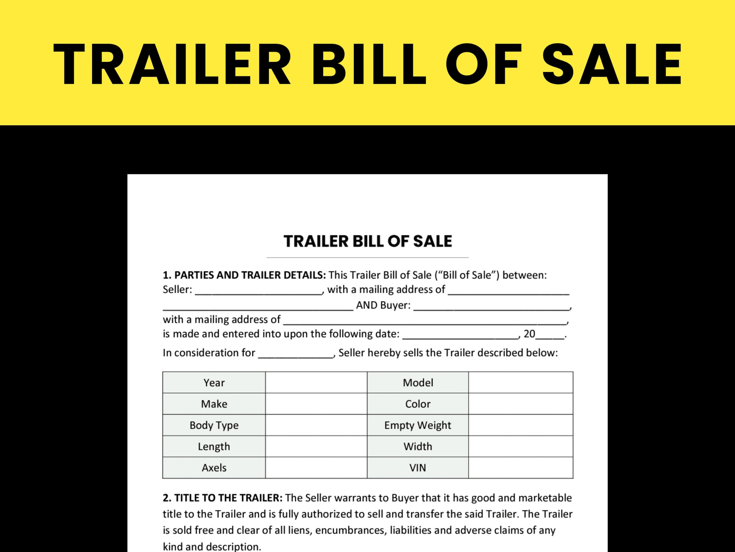 Anhänger Bill Of Sale Vorlage. Pdf/Microsoft Word/ Google Docs within Printable Bill of Sale For Trailer