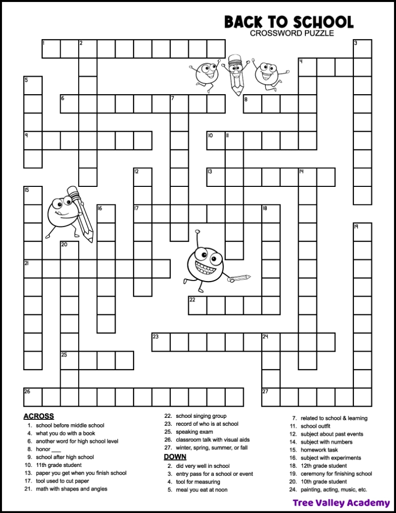 Back To School Crossword Middle School - Tree Valley Academy for Crossword Puzzles Free Printable Kids