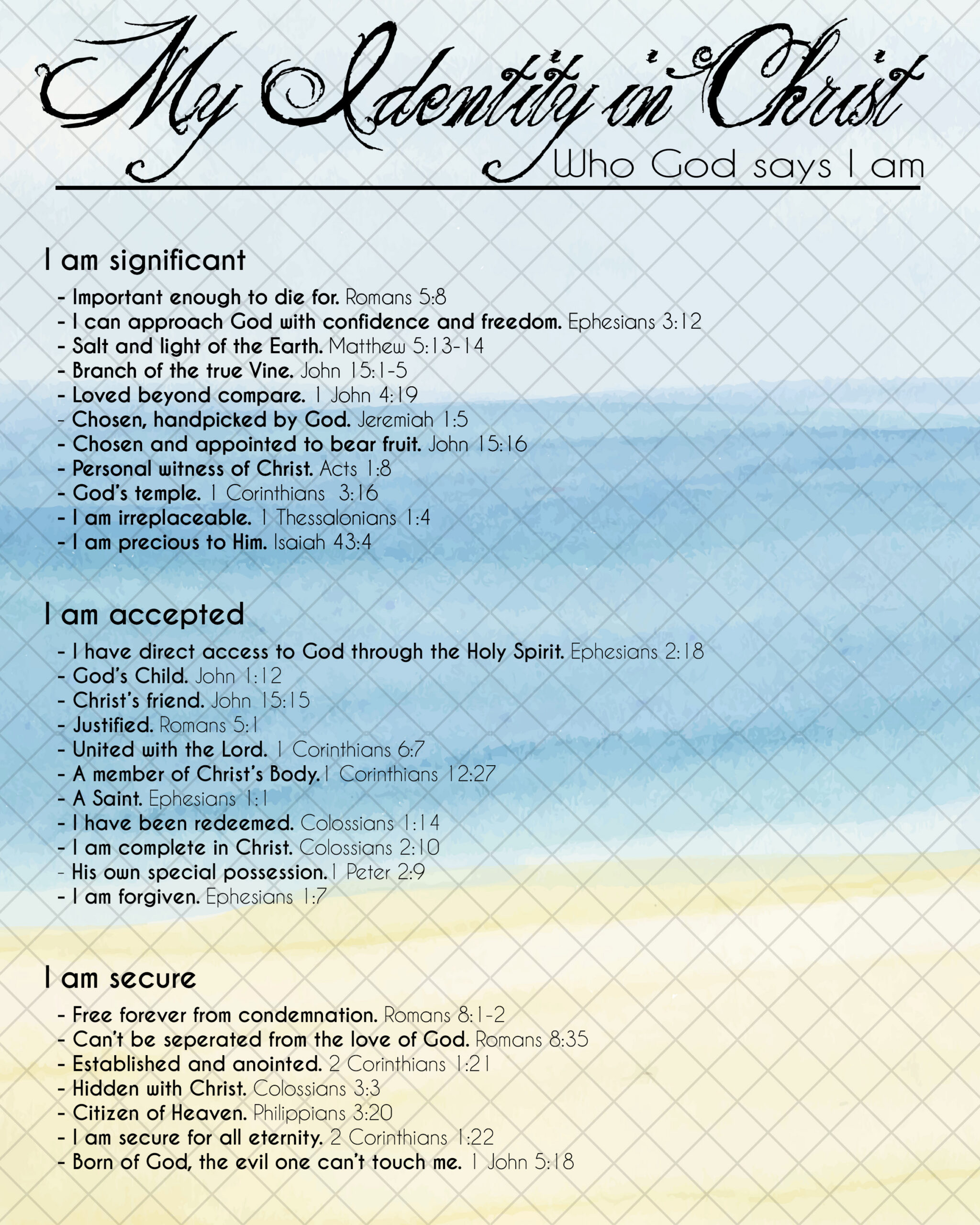 Beach Who God Says I Am, Who I Am In Christ, Faith Scripture with regard to Who God Says I Am Printable