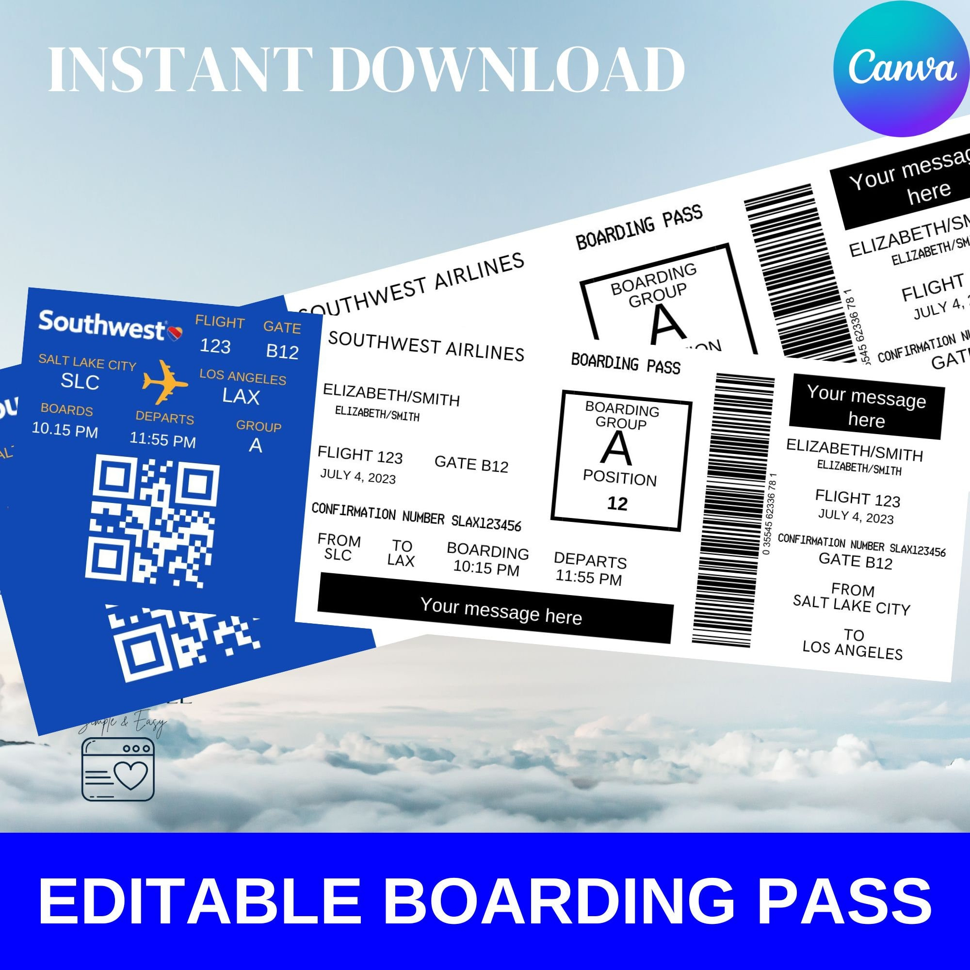 Bearbeitbare Bordkarte Ticketvorlage, Surprise Airline Geschenk with Southwest Airlines Boarding Passes Printable