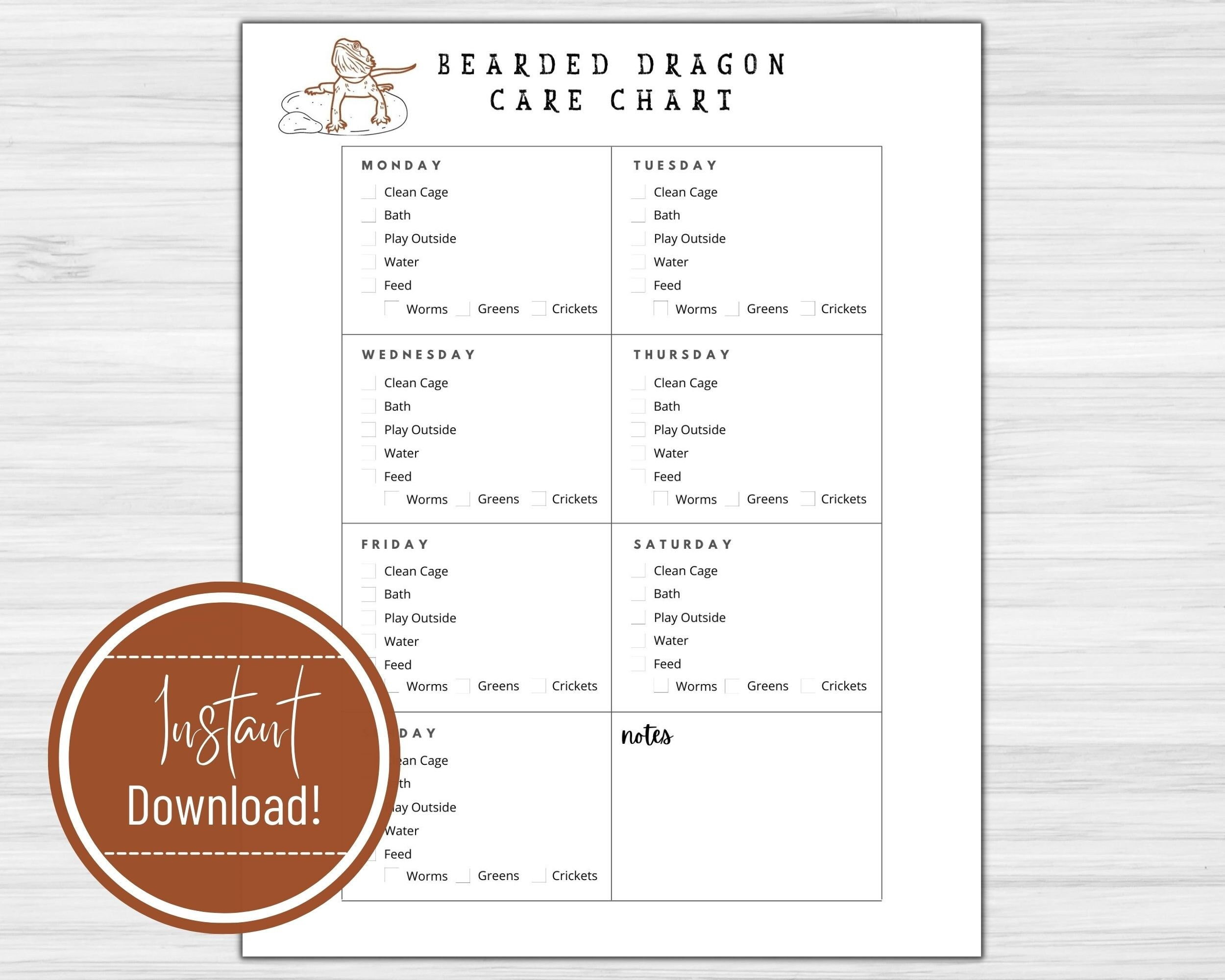 Bearded Dragon Care Chart Daily Log Printable Download - Etsy regarding Daily Routine Printable Bearded Dragon Food Chart