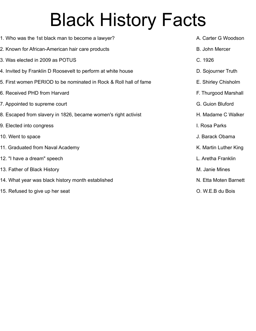 Black History Facts Worksheet - Wordmint within Black History Facts For Kids Printable