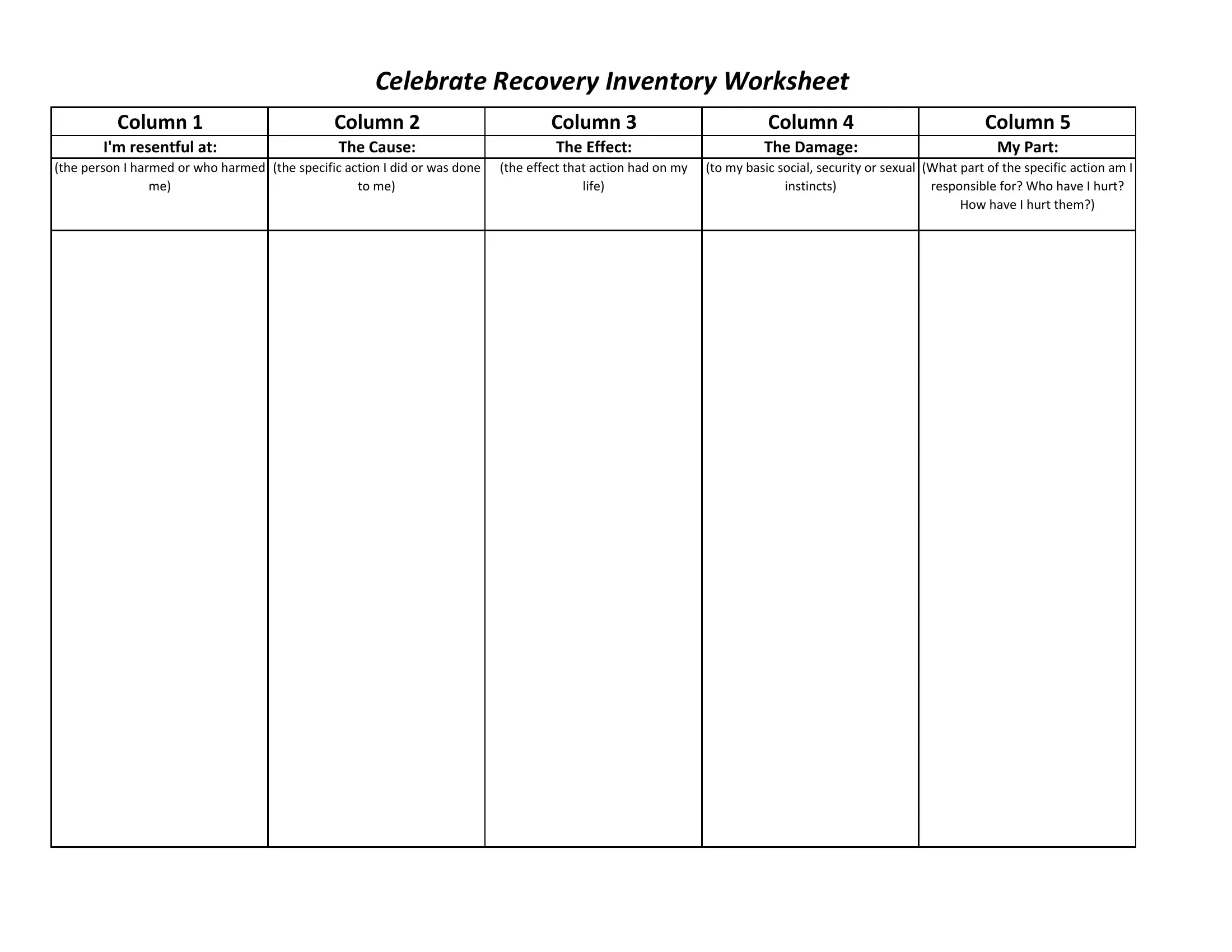 Blank Celebrate Recovery Downloadable Forms | Fill Out And Print in Celebrate Recovery 12 Steps Printable