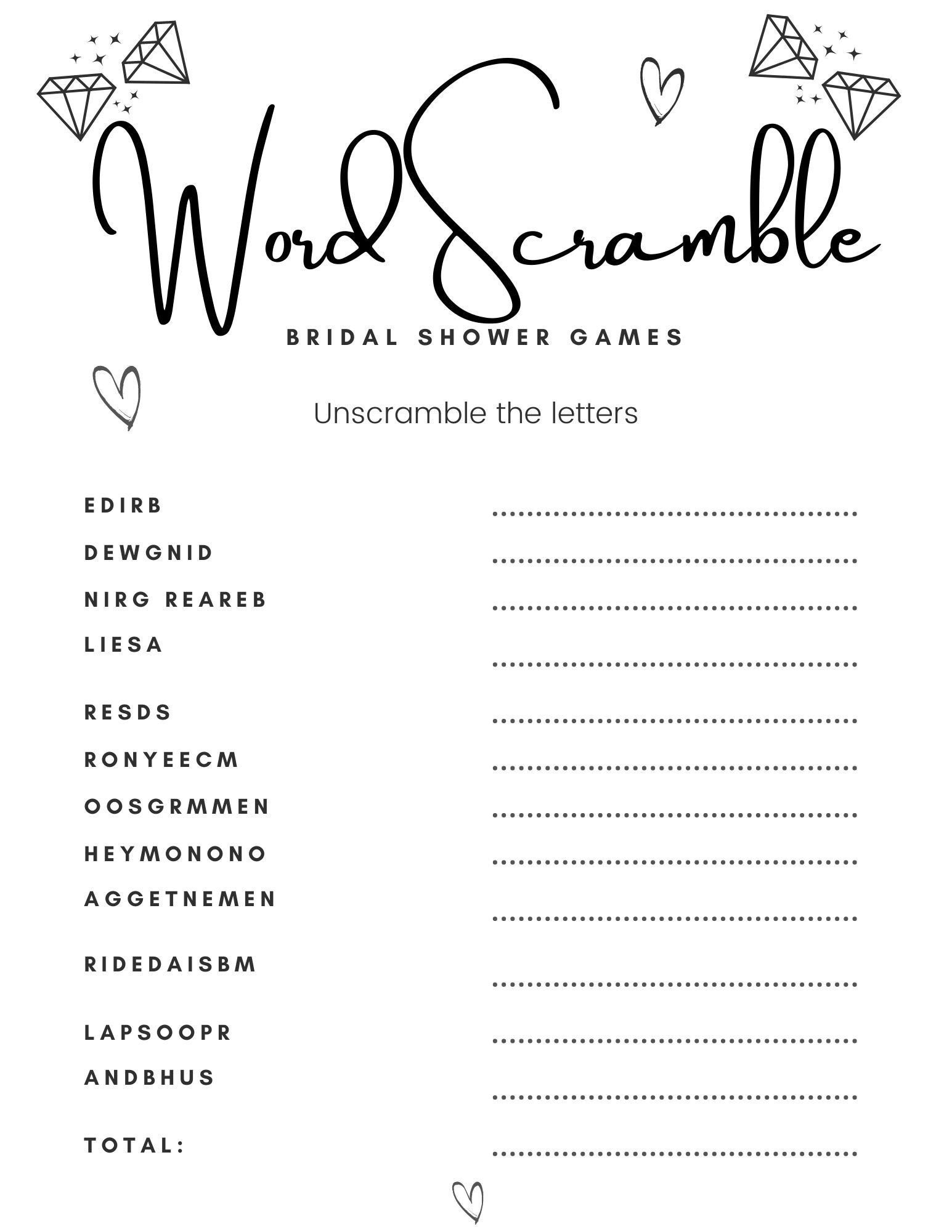Bridal Shower Games Printable, Wedding Word Scramble Printable for Bridal Shower Games Free Printable