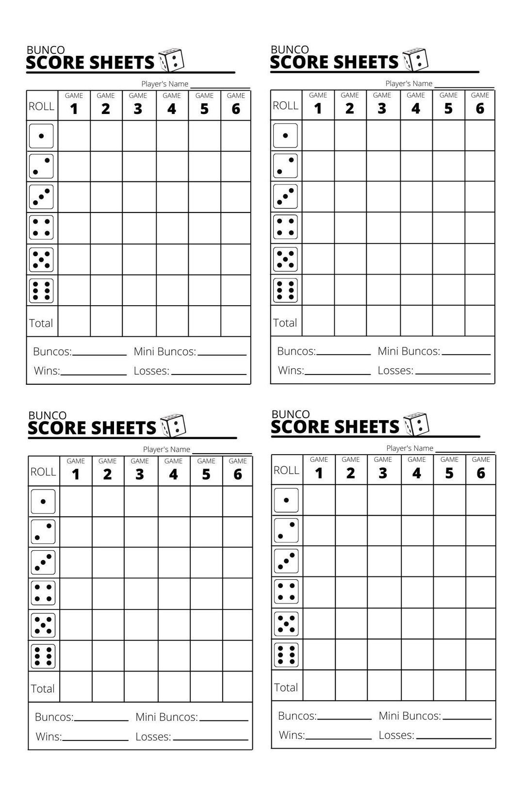 Bunco Score Sheets X4 - Bunco Score Sheets - Printable Pdf - Etsy Uk in Printable Score Sheets For Bunco