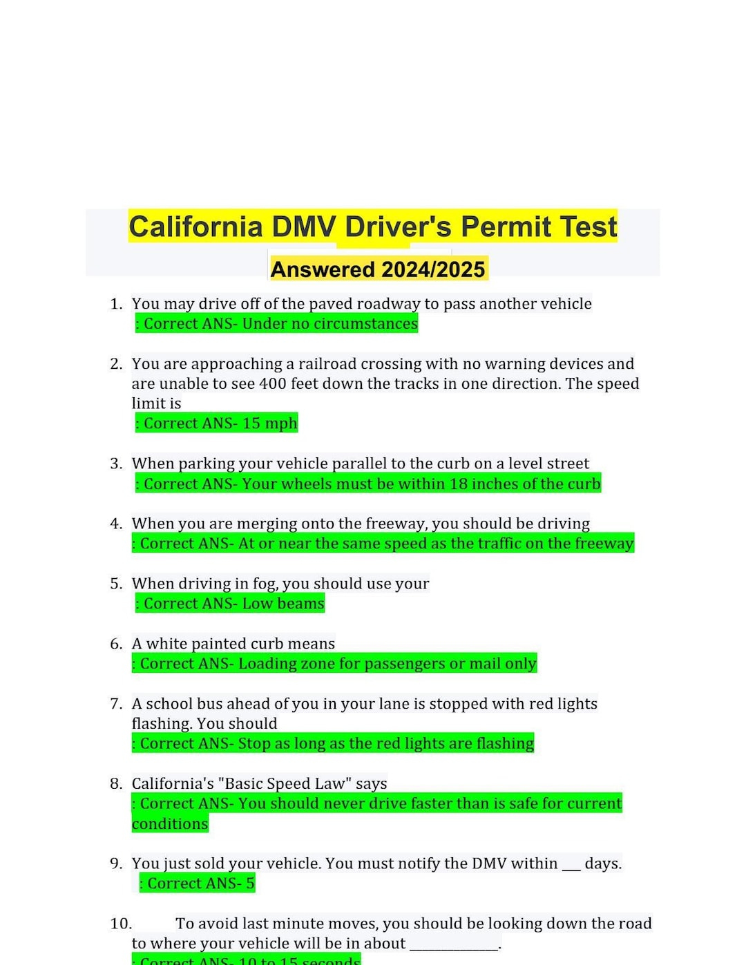 California Dmv Permit Test 2025: Class C Driver (Digital Download) - Etsy throughout Printable Dmv Practice Test With Answers California