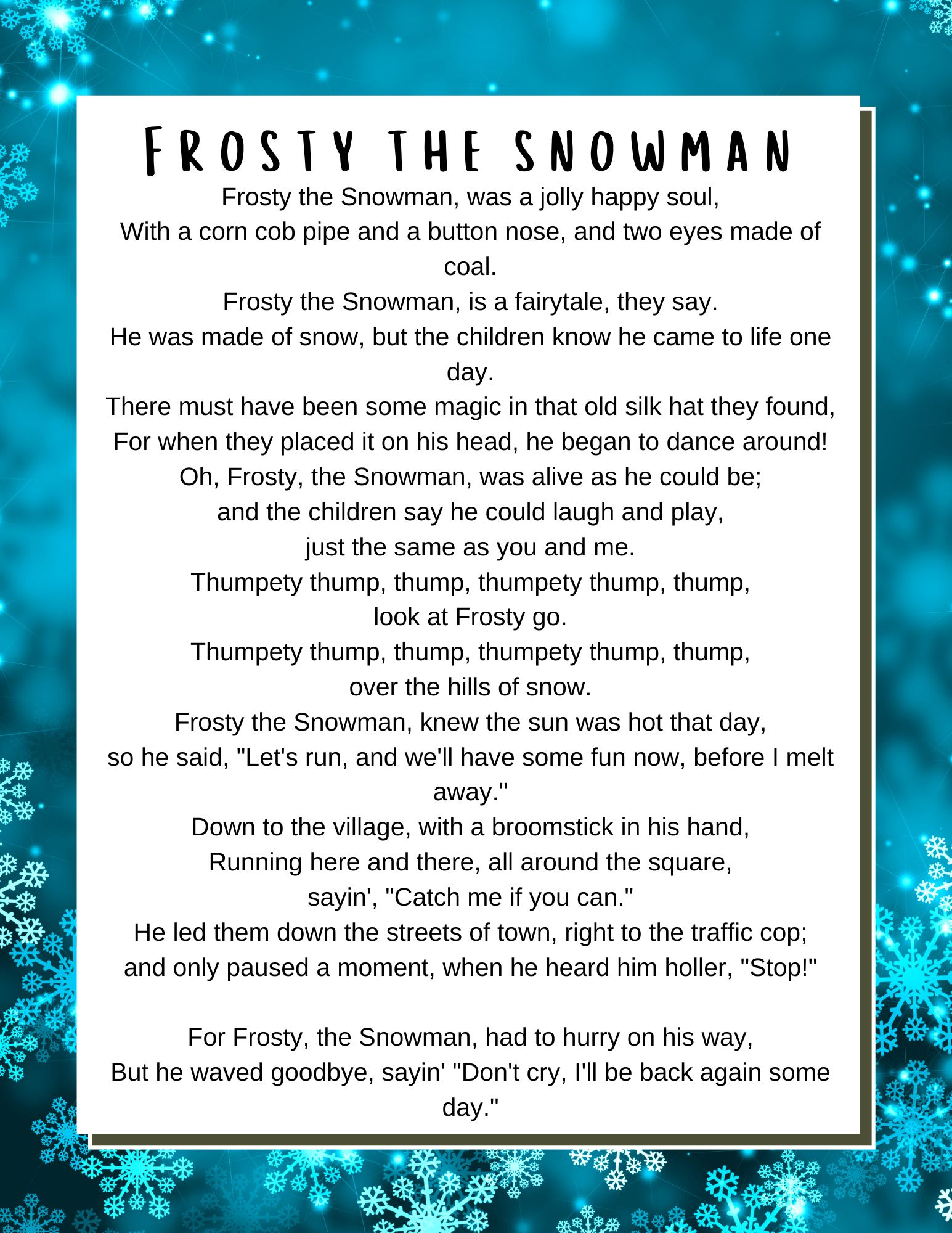 Christmas Songs Lyrics - Lyrics To Popular Christmas Carols for Printable Words To Frosty The Snowman
