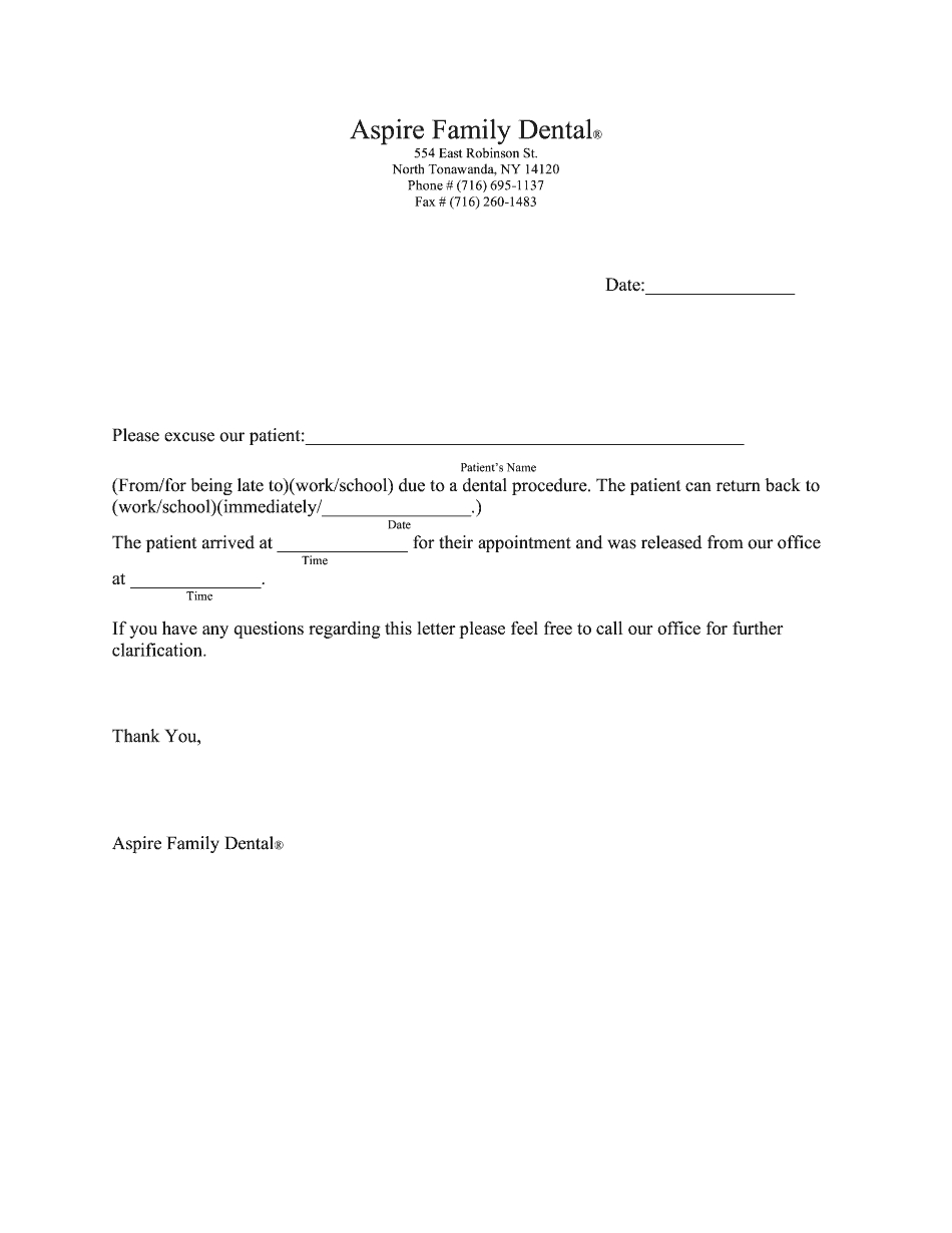 Dentist Excuse For Work - Printable Blank Pdf Online within Free Printable Dental Excuse Note