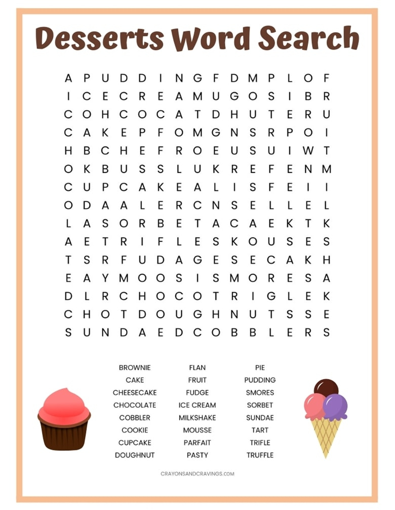 Desserts Word Search - Free Printable Worksheet regarding Free Printable Childrens Word Search