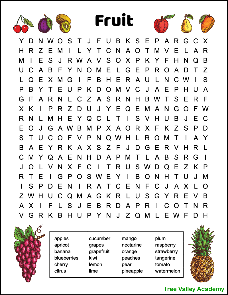 Difficult Fruit Word Search For Kids - Tree Valley Academy intended for Find The Word Puzzles Printable