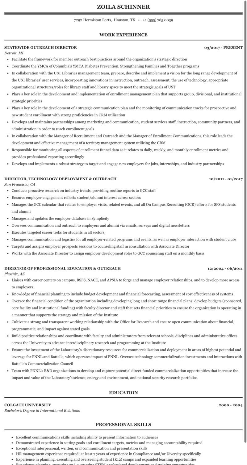 Director, Outreach Resume Sample | Mintresume within Hermiston School District Enrollment Printable Form