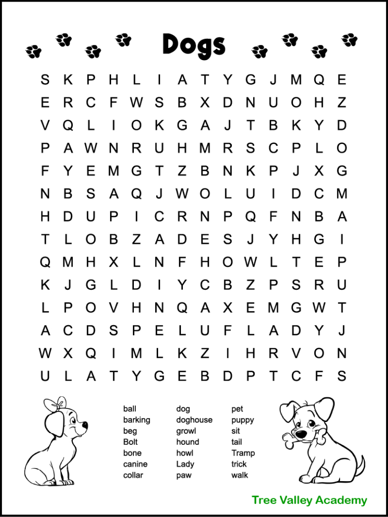 Dog Themed Word Search For Kids - Tree Valley Academy with regard to Word Search For Kids Printable