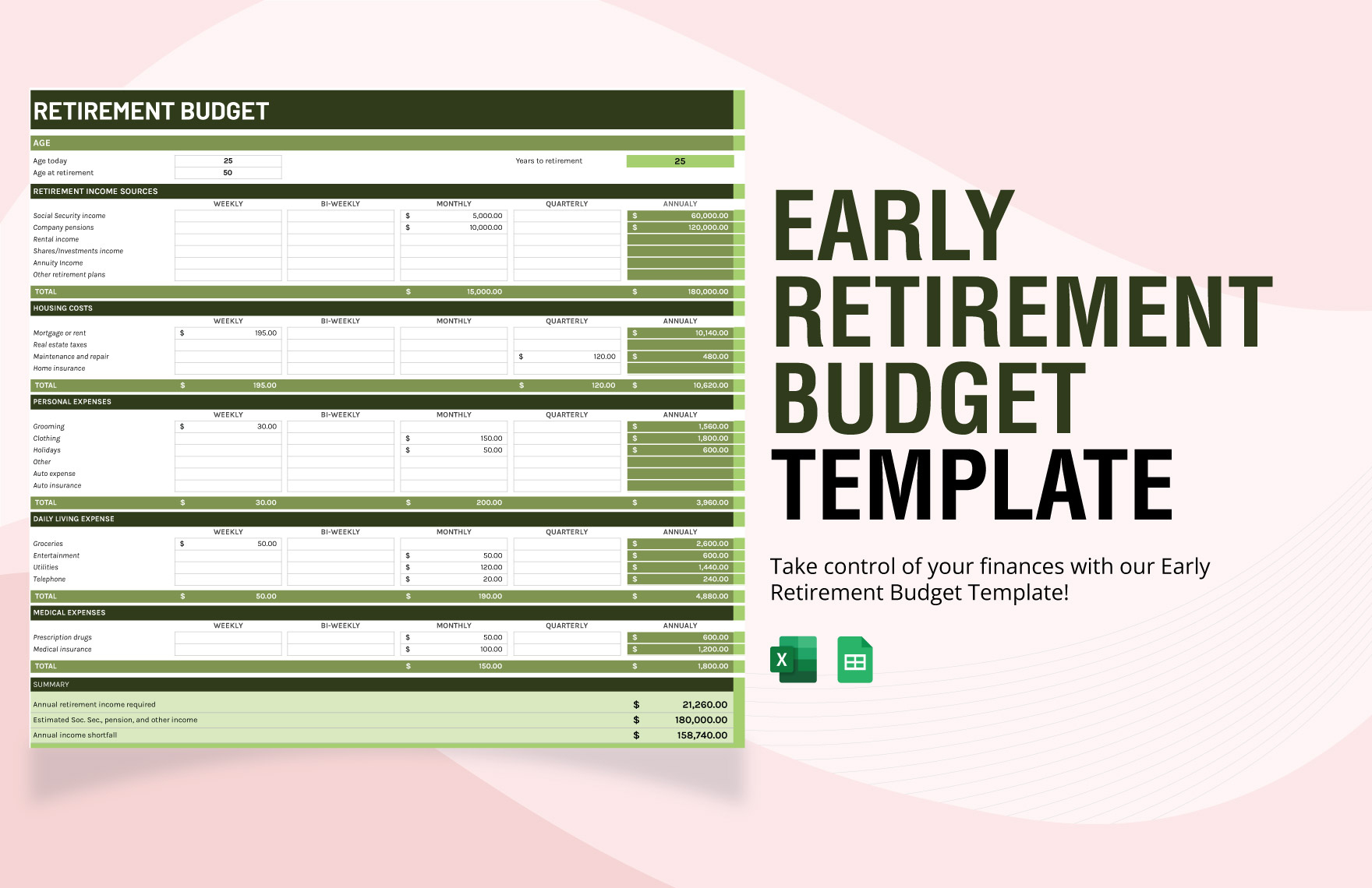 Early Retirement Budget Template In Excel, Google Sheets with Free Printable Retirement Budget Worksheet