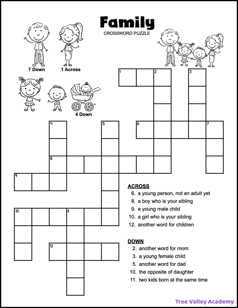 Easy Family Crossword Puzzle - Tree Valley Academy regarding Free Printable Children's Crossword Puzzles