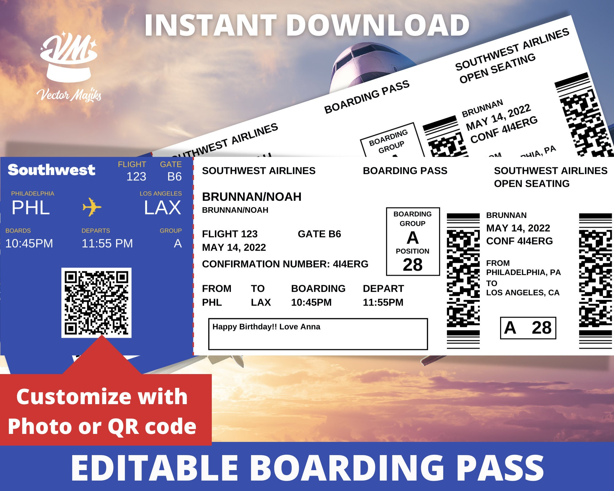 Editable Boarding Pass Ticket Template, Surprise Airline Gift for Southwest Airlines Boarding Passes Printable
