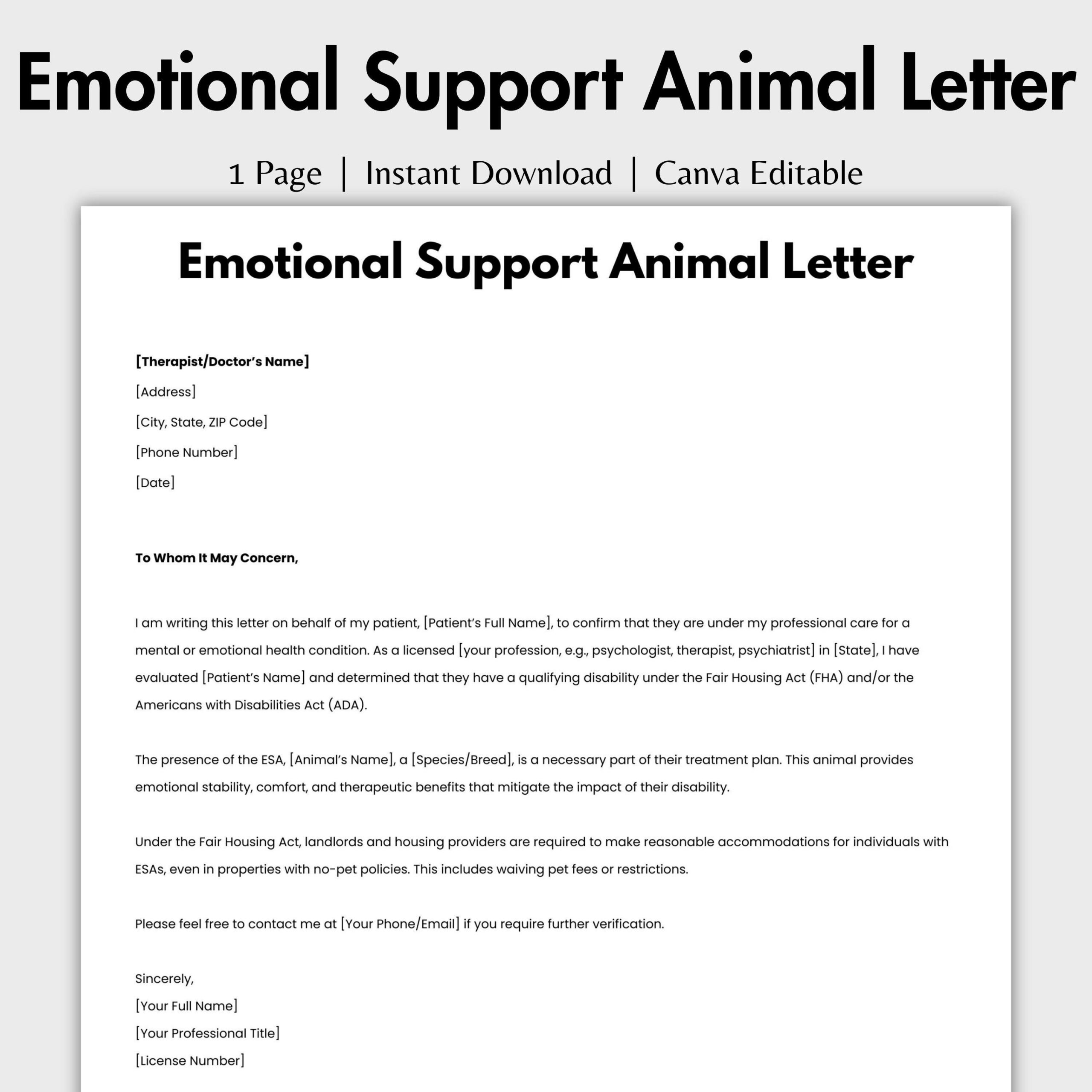 Editable Emotional Support Animal Letter, Printable Esa Letter with Printable Free Emotional Support Animal Letter
