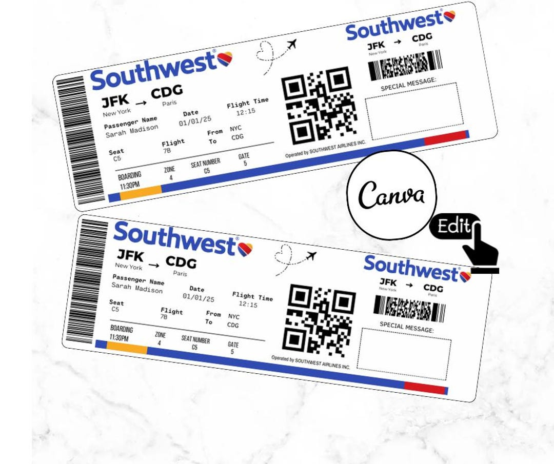 Editable Southwest Travel Ticket Template, Custom Airline Ticket Gift Printable, Surprise Airline Boarding Pass, Gift Idea, Canva Template - Etsy for Southwest Airlines Boarding Passes Printable