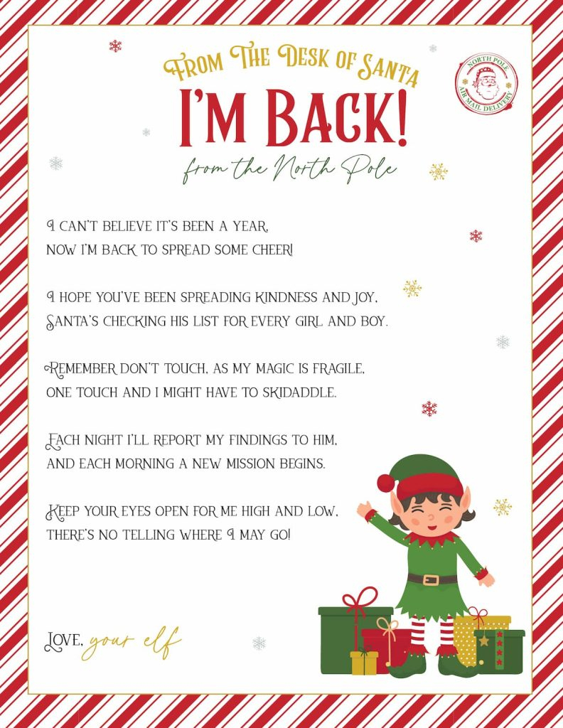 Elf On The Shelf Arrival And Goodbye Letters, Free Printable Set regarding Elf on the Shelf I'm Back Letter Free Printable