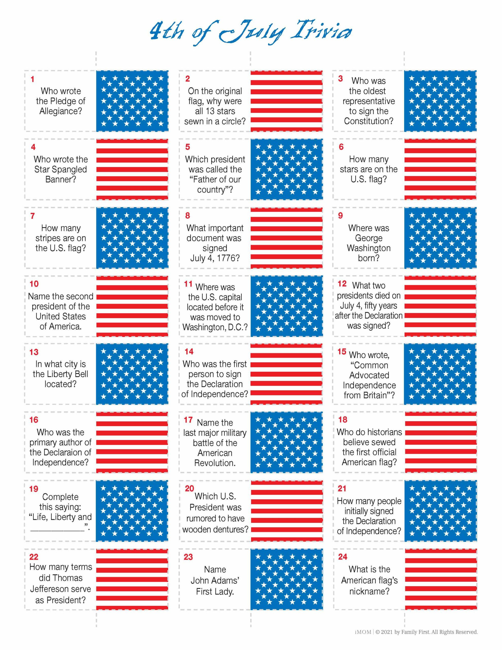 Fourth Of July Trivia Game - Imom intended for 4th of July Trivia Questions Printable