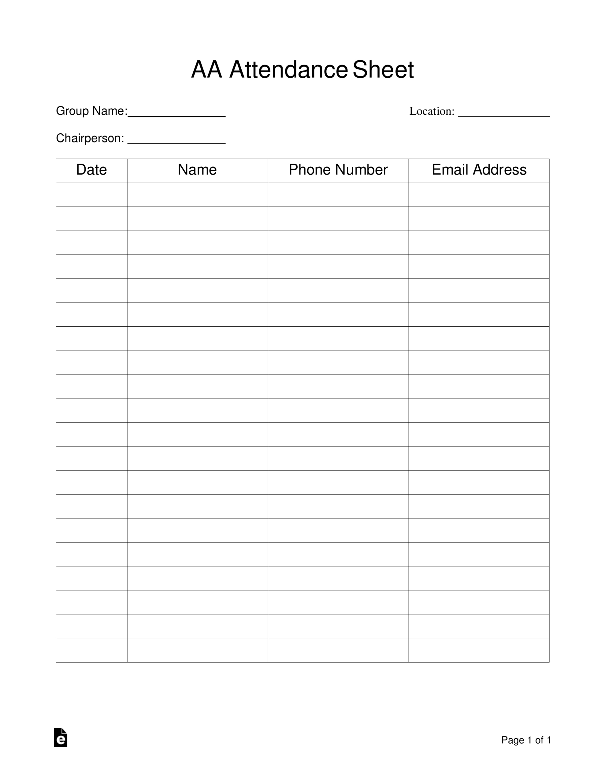 Free Alcoholics Anonymous (Aa) Sign-In / Attendance Sheet Template throughout Aa Sign In Sheet Printable