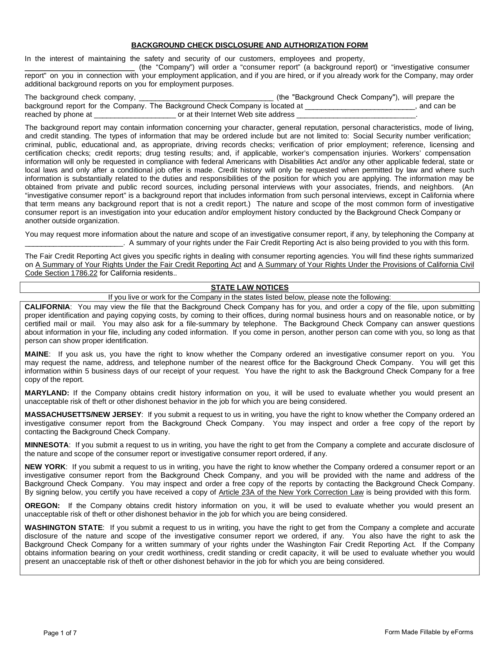 Free Background Check Authorization Forms (3) - Pdf – Eforms regarding Free Printable Background Check Authorization Form