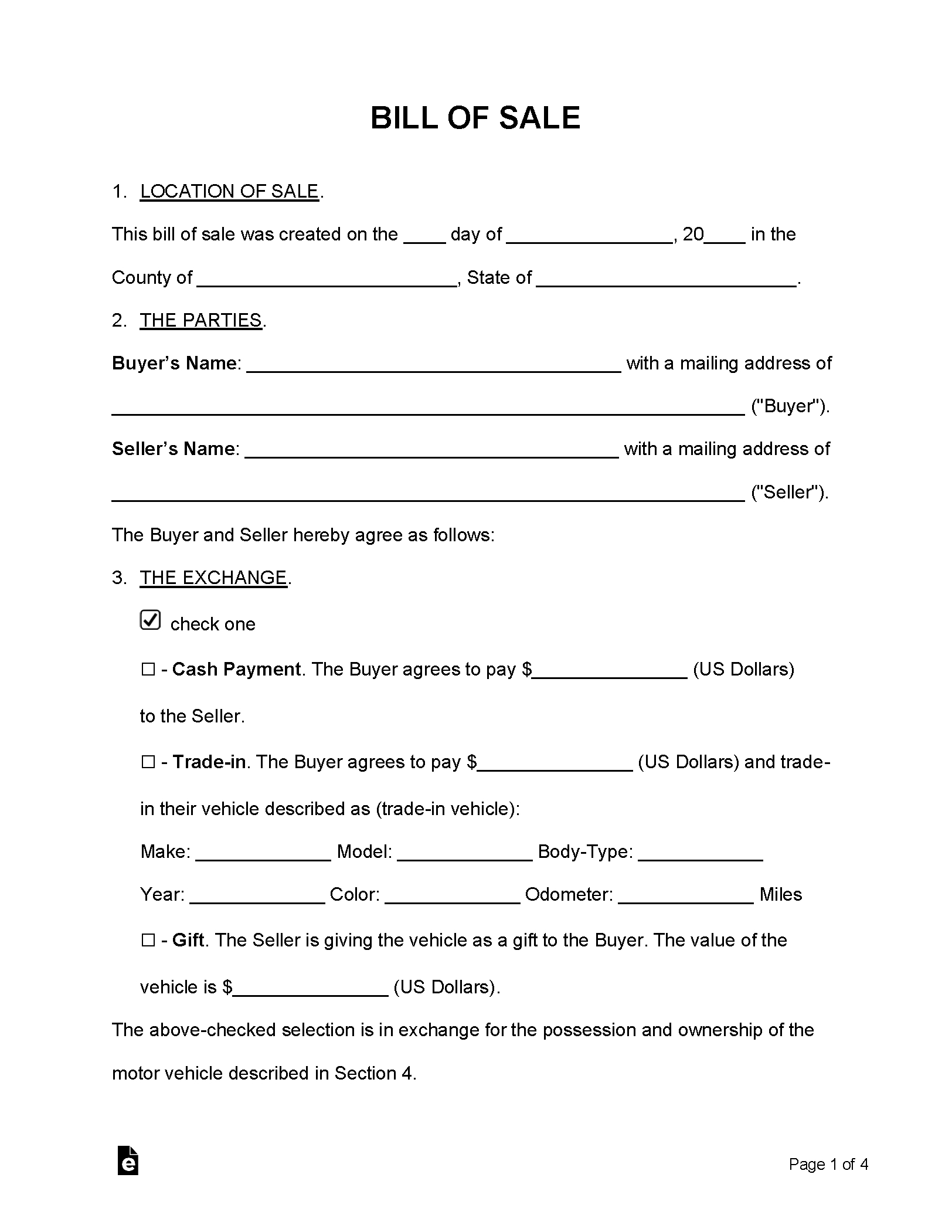 Free Bill Of Sale Forms (24) - Pdf | Word – Eforms for Printable Bill of Sale For Car