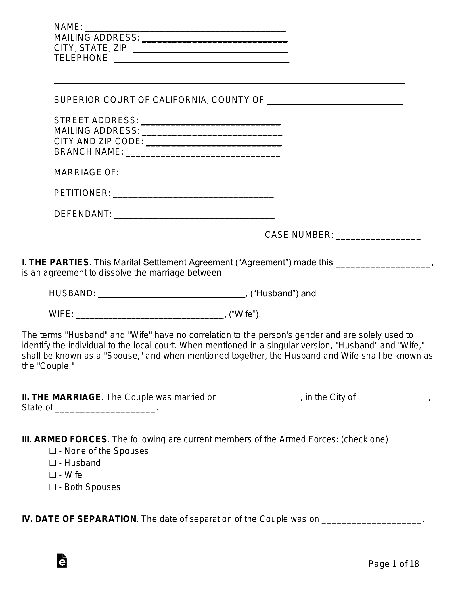 Free California Marital Settlement (Divorce) Agreement - Pdf with Printable Divorce Papers in California