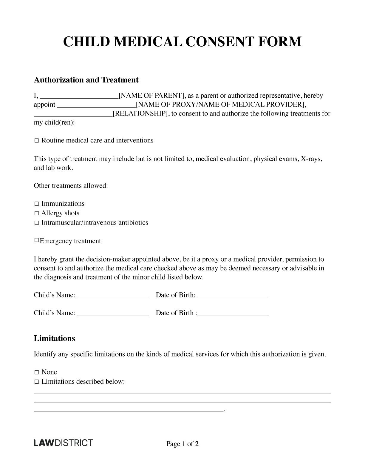 Free Child Medical Consent Form | Online Template | Lawdistrict throughout Printable Medical Consent Form For Minor While Parents Are Away