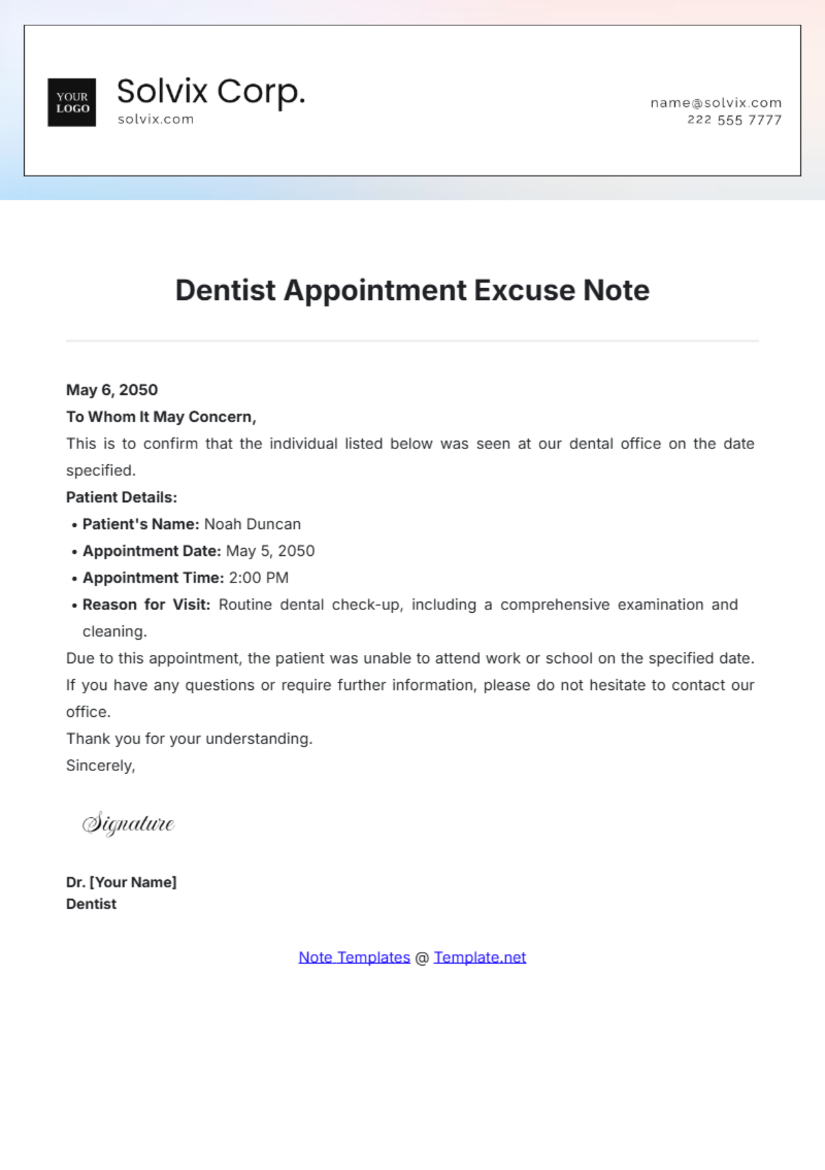 Free Dentist Appointment Excuse Note Template To Edit Online for Free Printable Dental Excuse Note