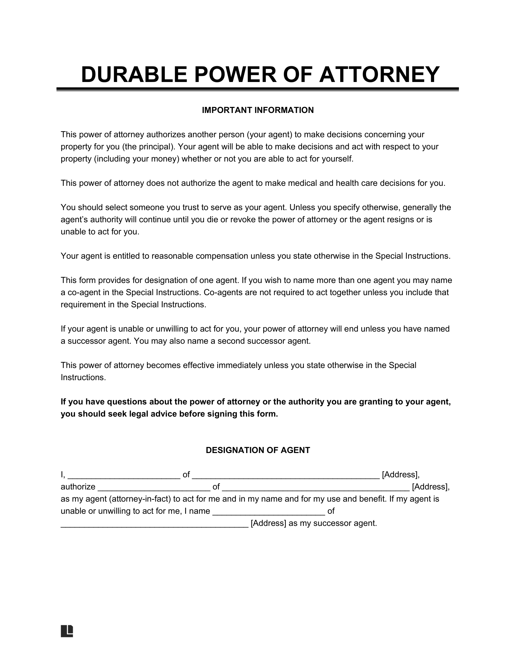 Free Durable Power Of Attorney Form | Pdf & Word for Free Power Of Attorney Forms Free Printable