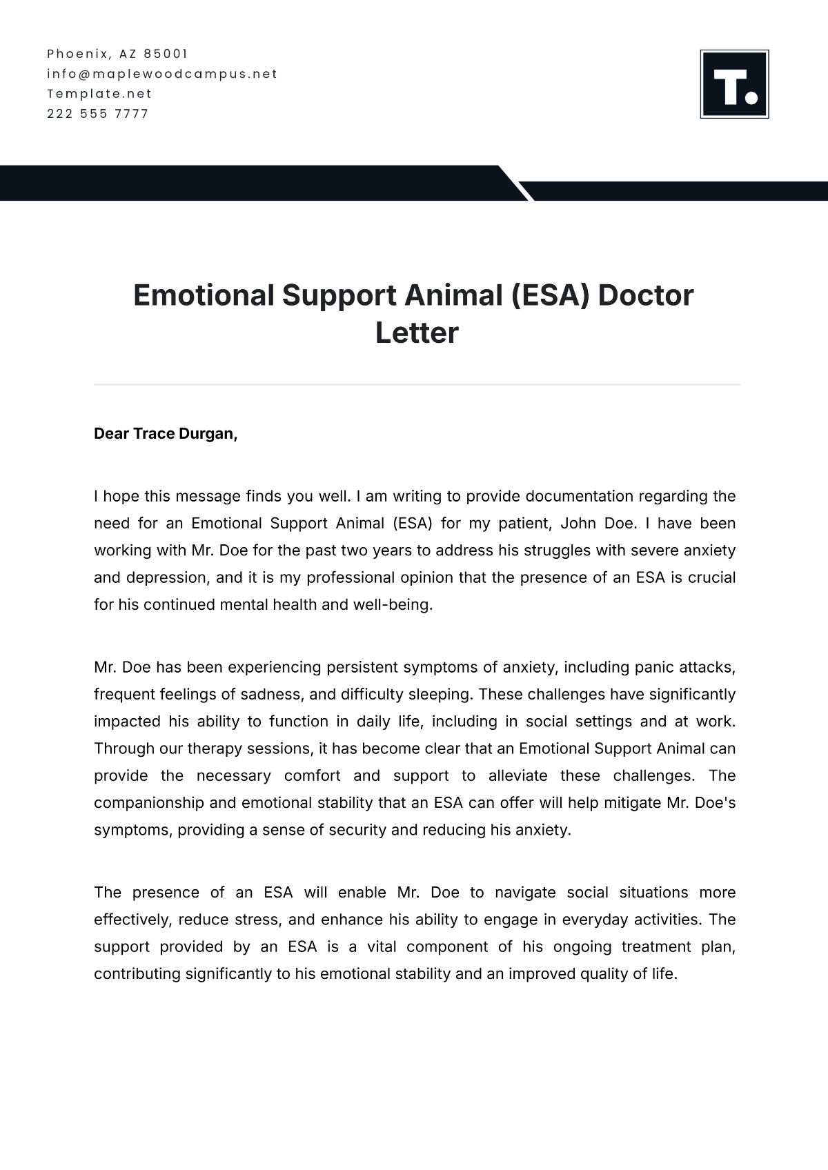 Free Emotional Support Animal (Esa) Doctor Letter Template To Edit within Printable Free Emotional Support Animal Letter