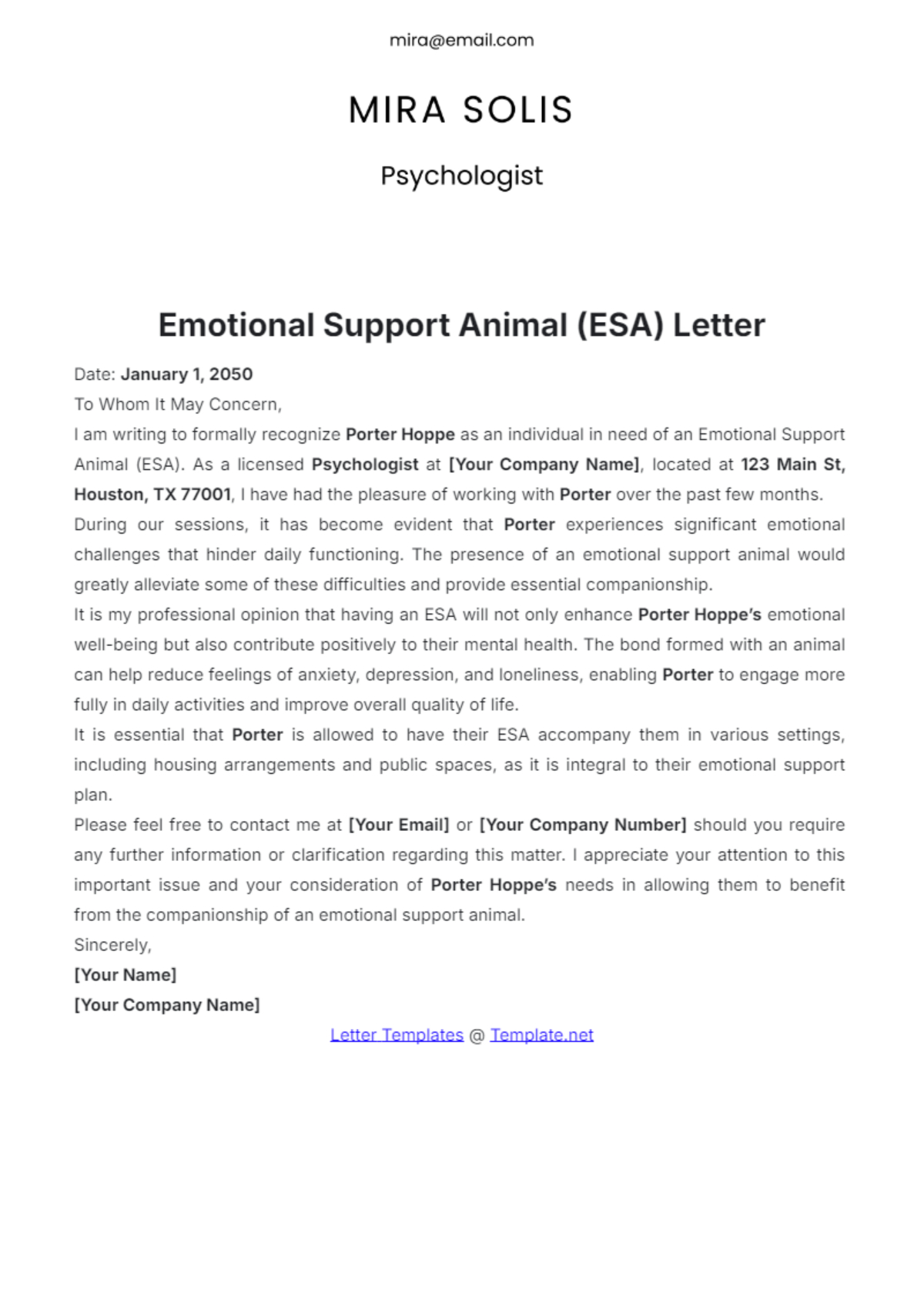 Free Emotional Support Animal (Esa) Letter Template To Edit Online in Printable Free Emotional Support Animal Letter