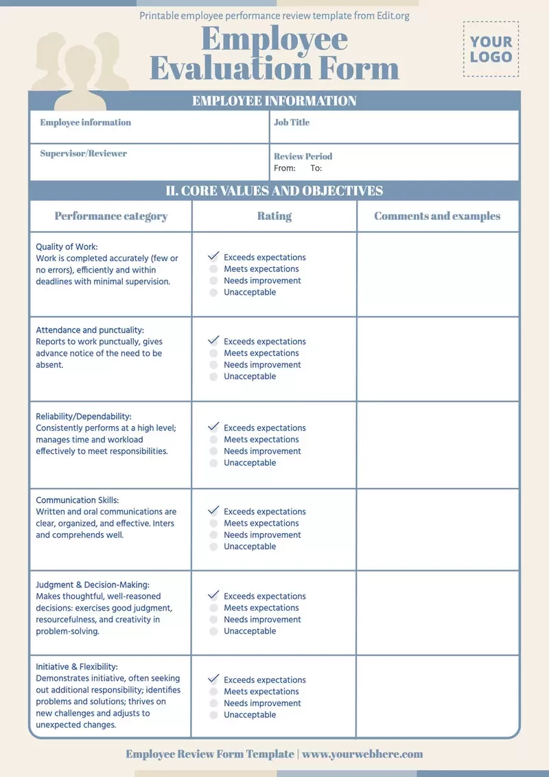 Free Employee Performance Review Templates for Employee Evaluation Forms Free Printable
