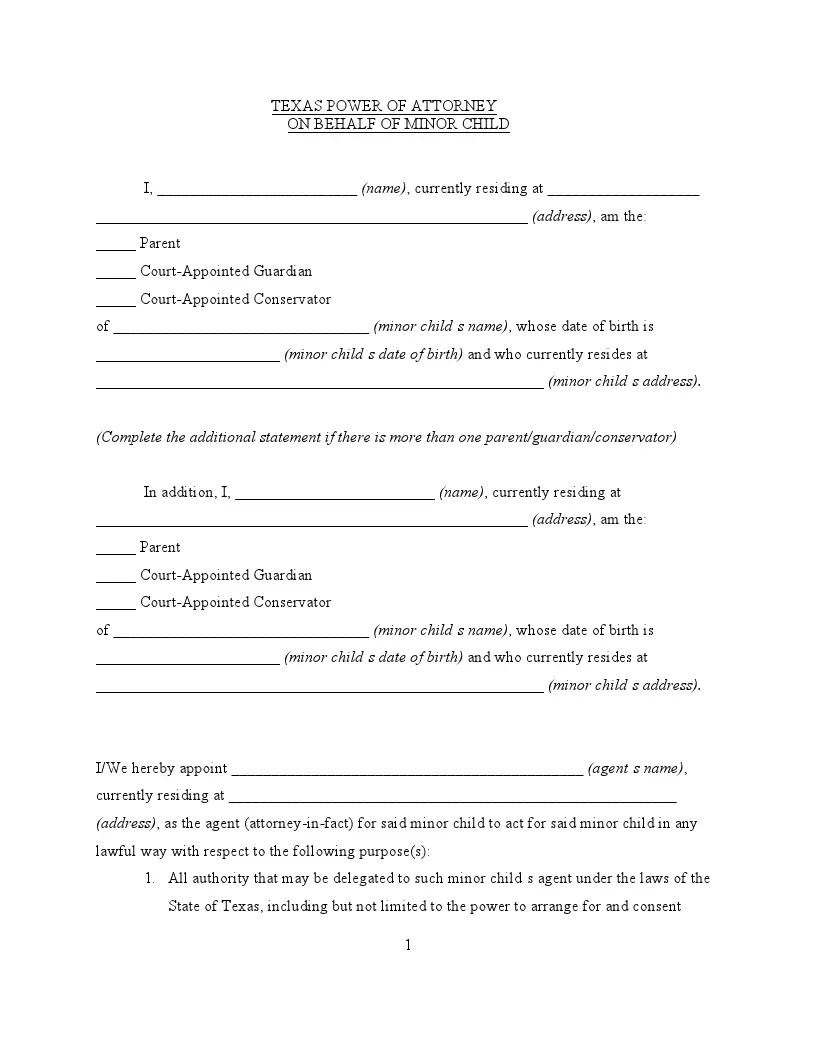 Free Fillable Texas Child Power Of Attorney Form | Tx Minor Poa Form in Free Printable Power of Attorney For Minor Child Texas