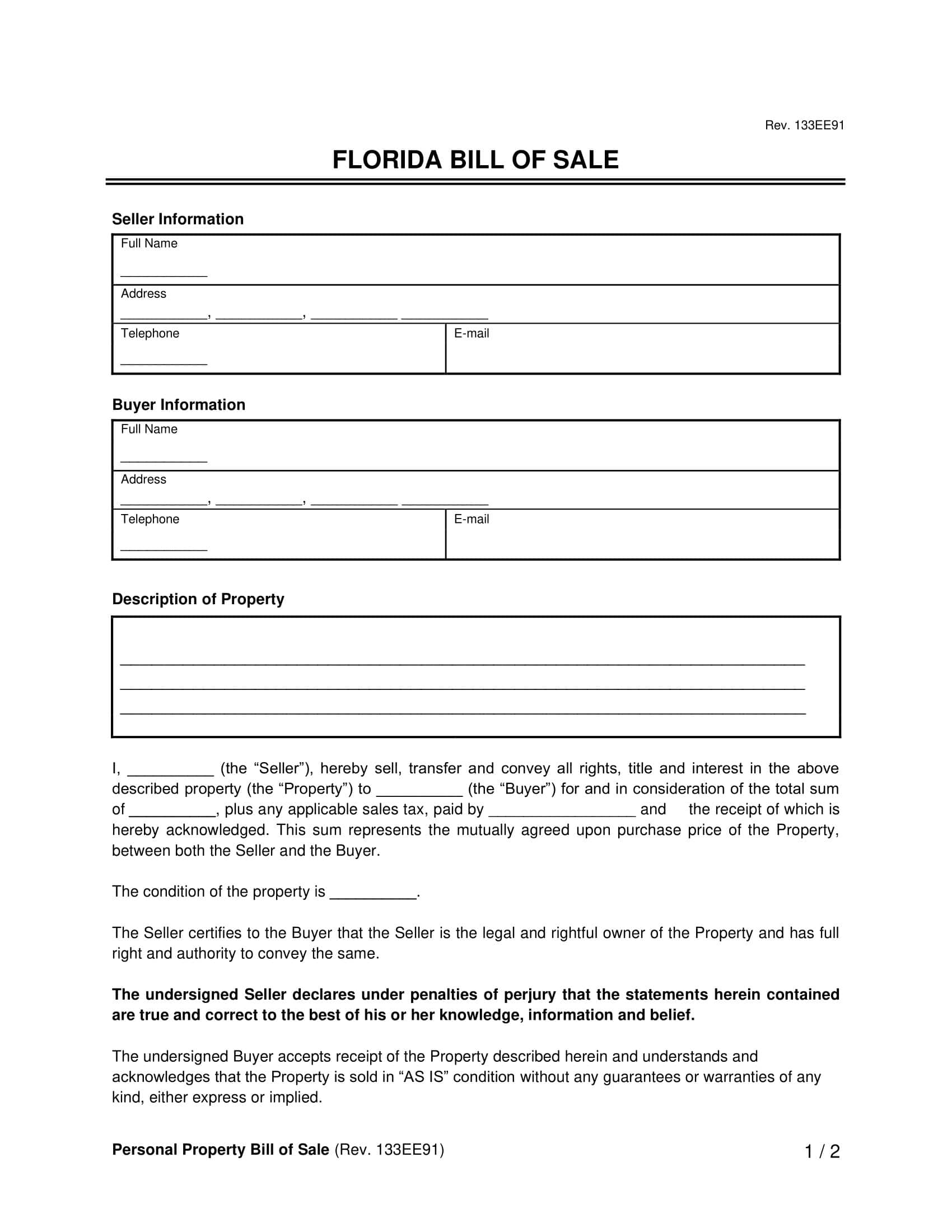 Free Florida Bill Of Sale Forms | Printable Pdf & Word inside Printable Bill of Sale Florida