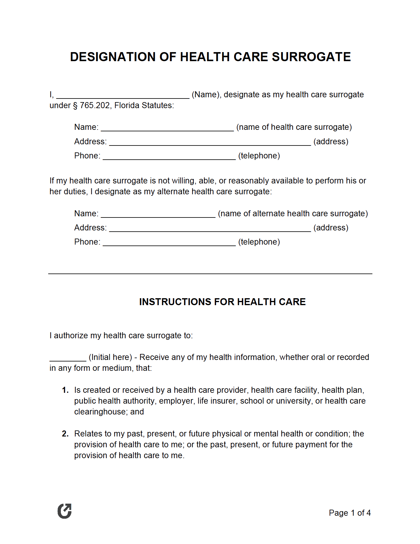 Free Florida Designation Of Health Care Surrogate Form | Pdf pertaining to Free Printable Health Care Surrogate Form