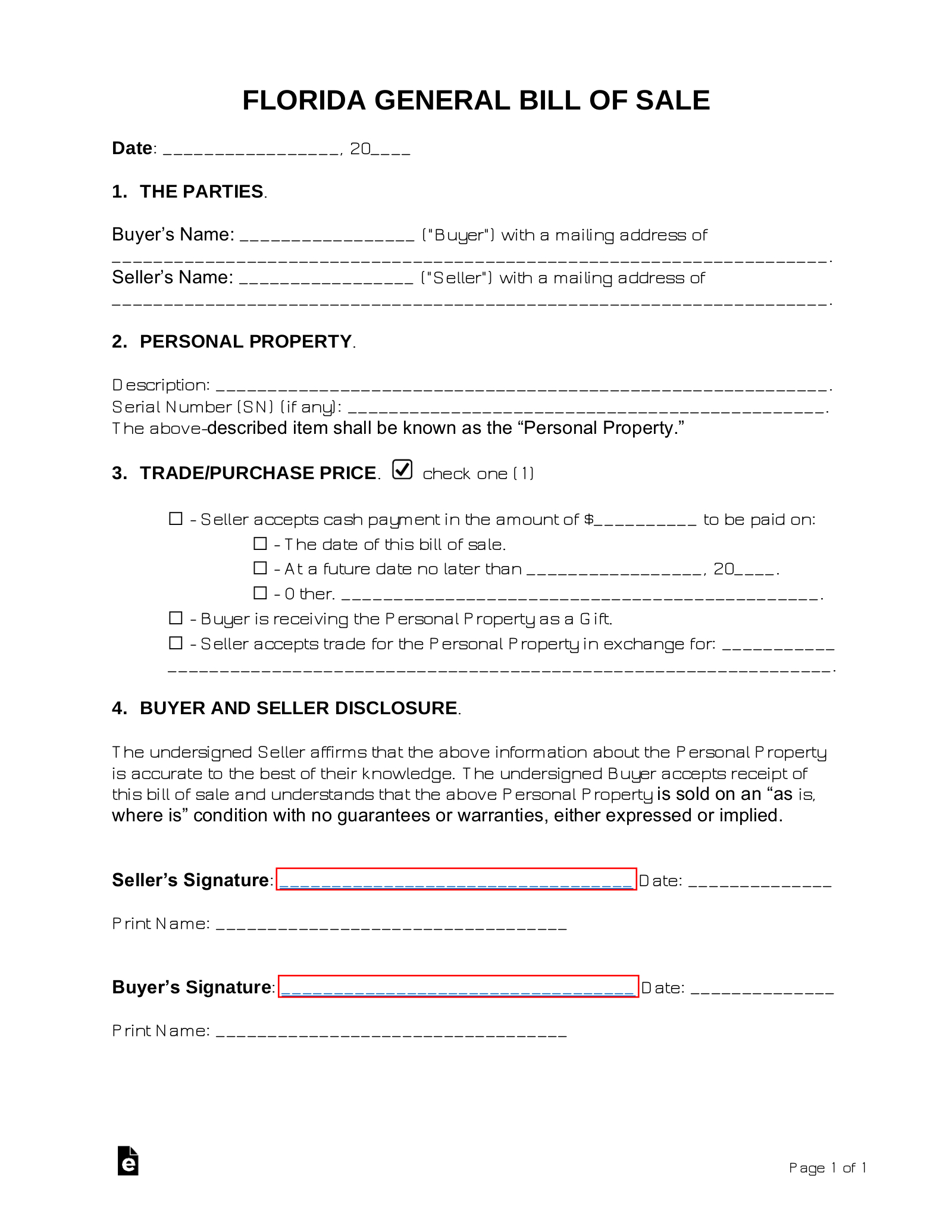 Free Florida General Bill Of Sale Form - Pdf | Word – Eforms inside Printable Bill Of Sale Florida