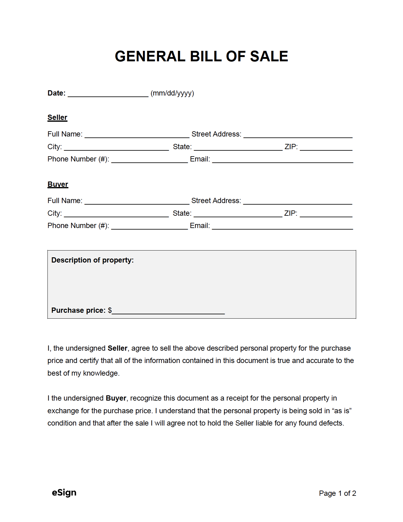 Free General Bill Of Sale Form | Pdf | Word with Printable Bill Of Sale Free