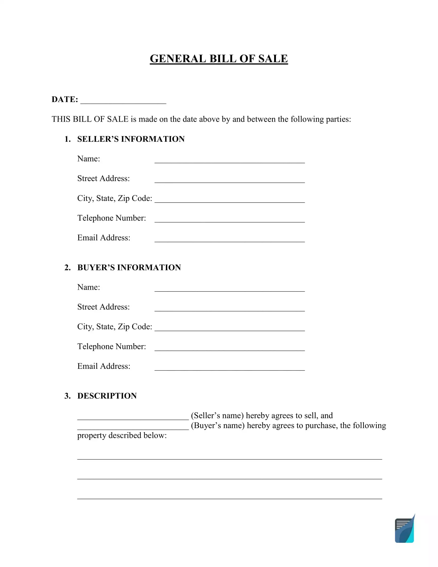 Free Generic (Personal Property) Bill Of Sale Form | Formspal within Printable General Bill of Sale Template Word